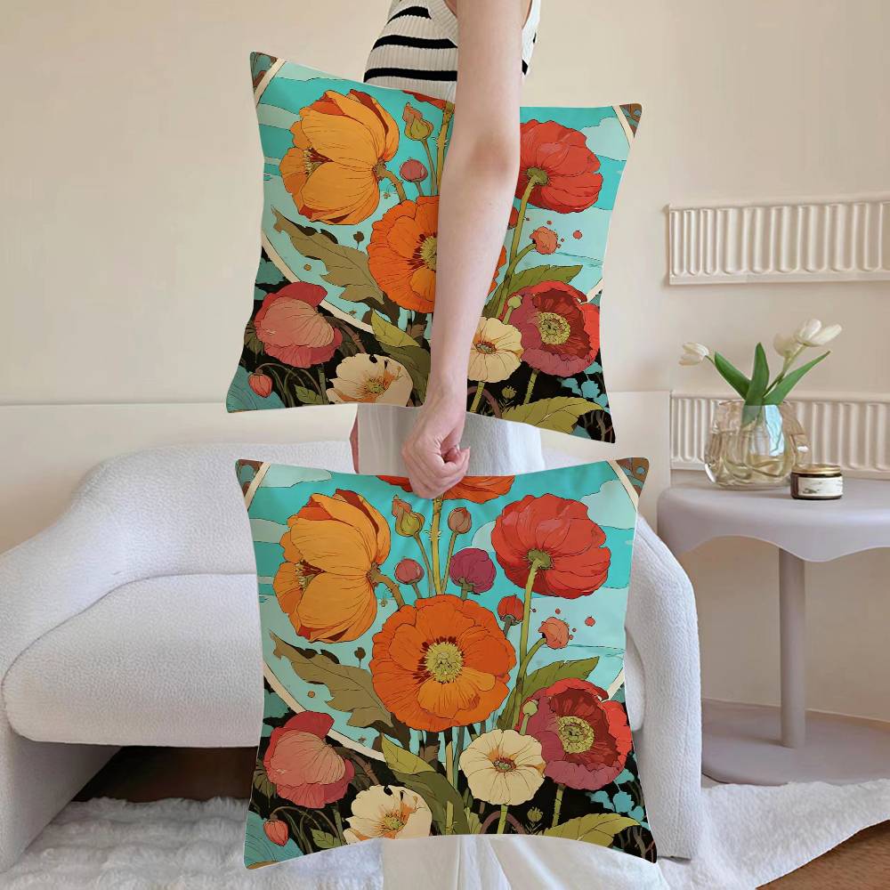 Painted Flowers Pillow Case Sofa and Living Room Decorative Cushion Covers Dust-proof and Mite-proof Invisible Zipper