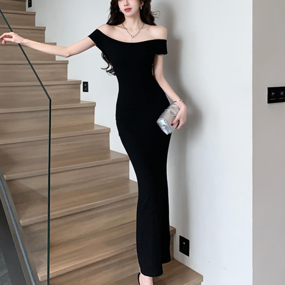 BEYANE Long Cabaret Tight Petite Party Stretch Club Cute Ribbed Maxi Length Dress, Dress, Off-the-Shoulder, Fit, Dress, Black, Long, Off-the-Shoulder,