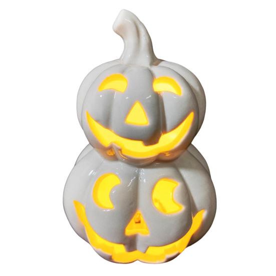 Yousheng Light Up Halloween Decoration Ceramic Carved Pumpkin Skull Bat Figurine LED Tabletop Ornament for Halloween Home Shelf Desk Decor