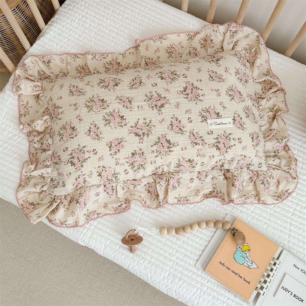 Small Floral Ruffle Lace Double Layer Cotton Gauze Pillowcase for Kindergarten
