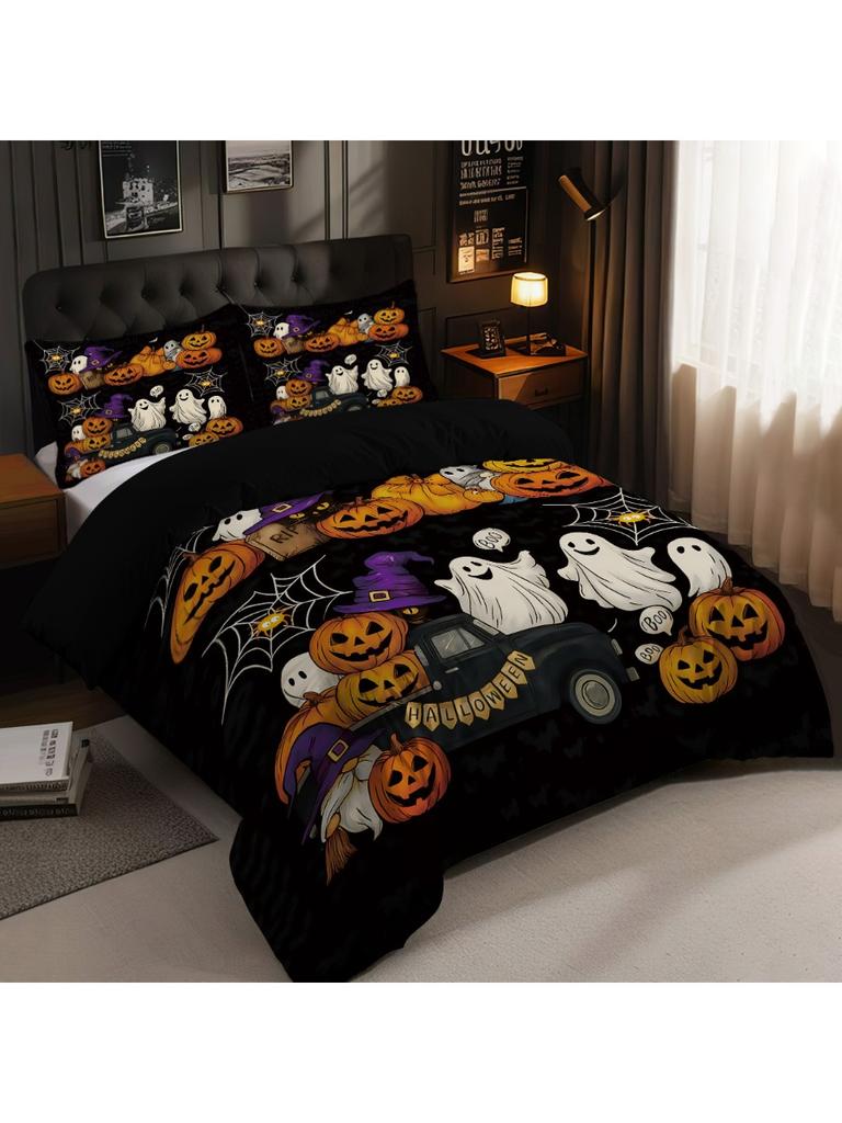 Comforter 3Pcs Halloween Bedding Set Evil Pumpkin Ghost Cat Design & S Included Perfect Holiday Decor Gift
