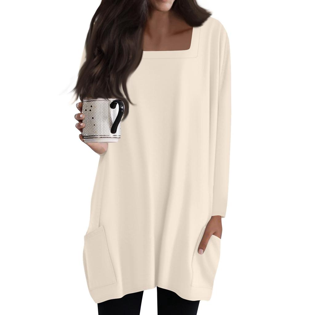 Womens Tops Square Collar Long Sleeve Blouses Casual Mid-length Shirts Fashion Print Tunic Tops With Pockets