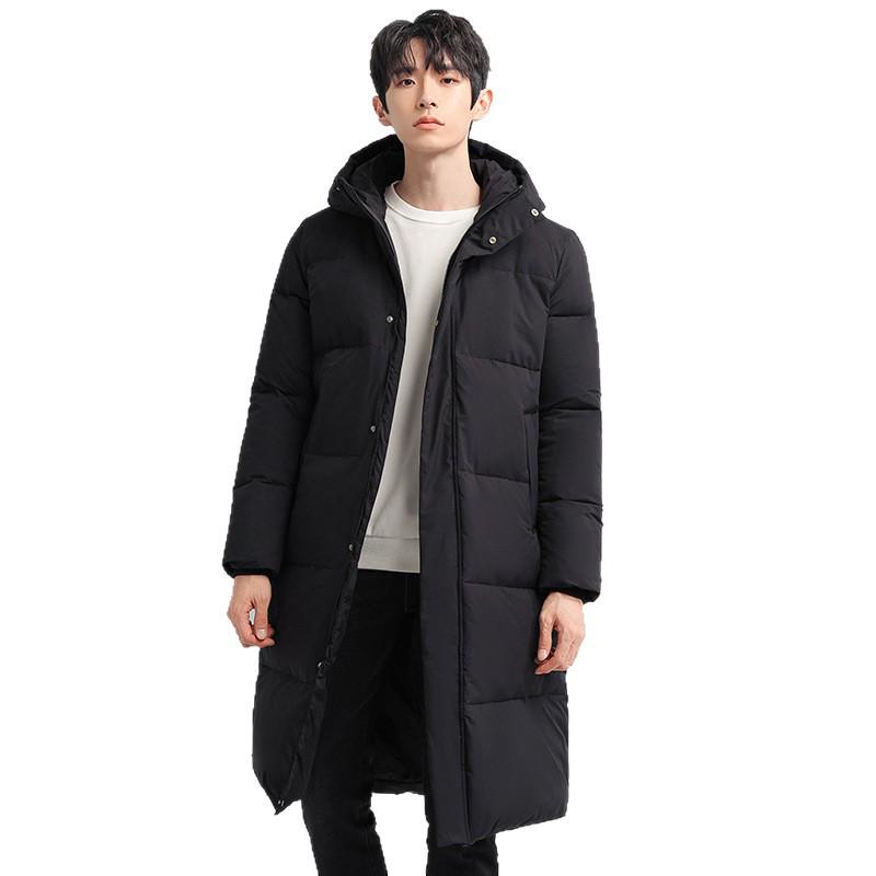 Men's Long Winter Down Jacket - Thick, Warm, Loose Fit, Solid Color, Mid-Length, Over-the-Knee.