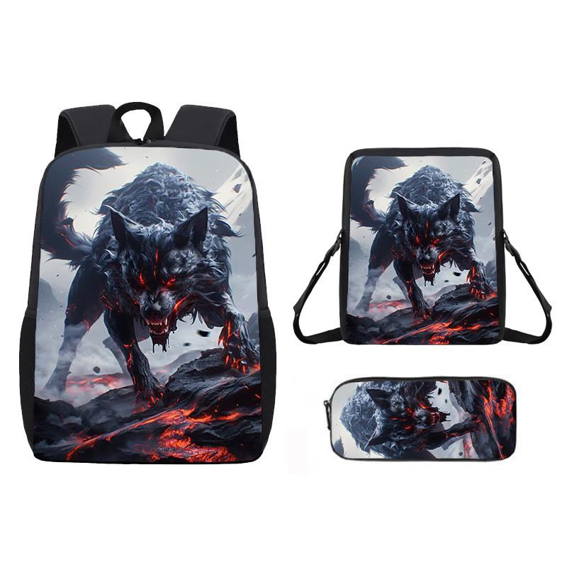 Pattern Animal Wolf Backpack Kids Shoulder Bag Pencil Case Student Use School