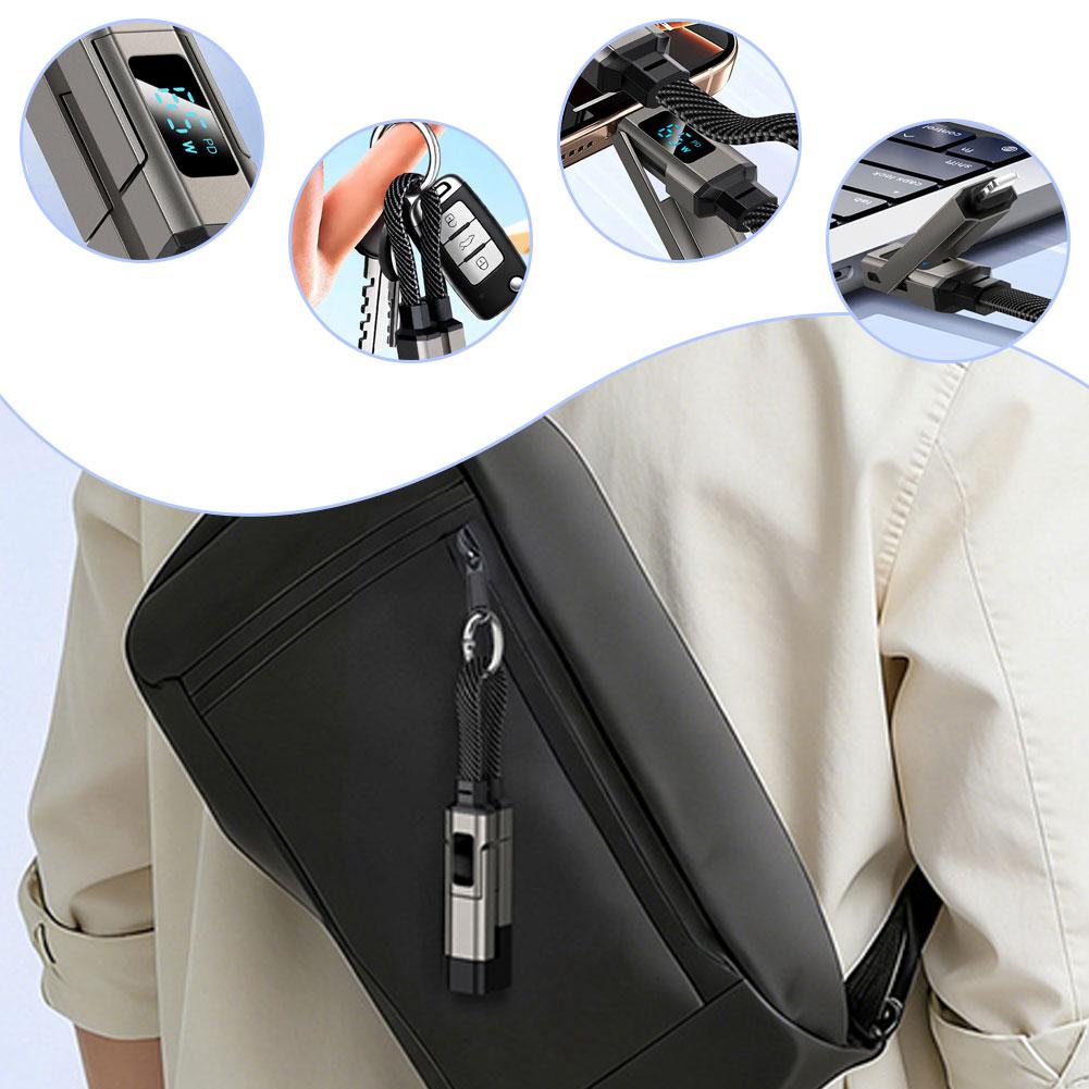 65W 4-in-1 Keychain Charging Cord, USB Type C Cable with V/A/W Power Display, Portable Wire for iPhone iPad Samsung Laptop