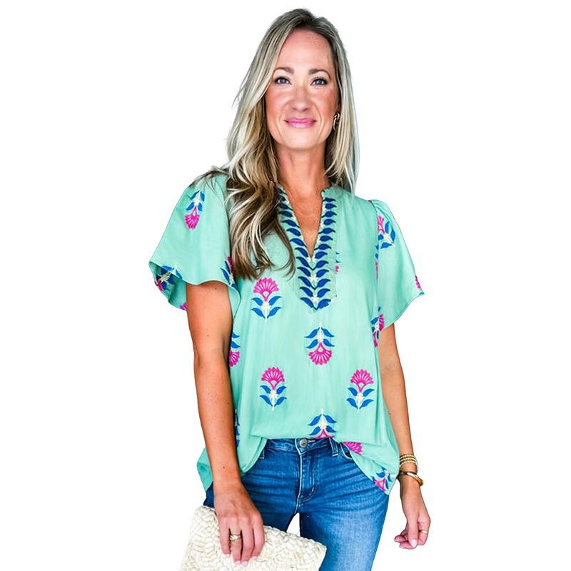 Women s V Neck Short Sleeve Blouse Loose Fit Casual Floral Print Chiffon Top S