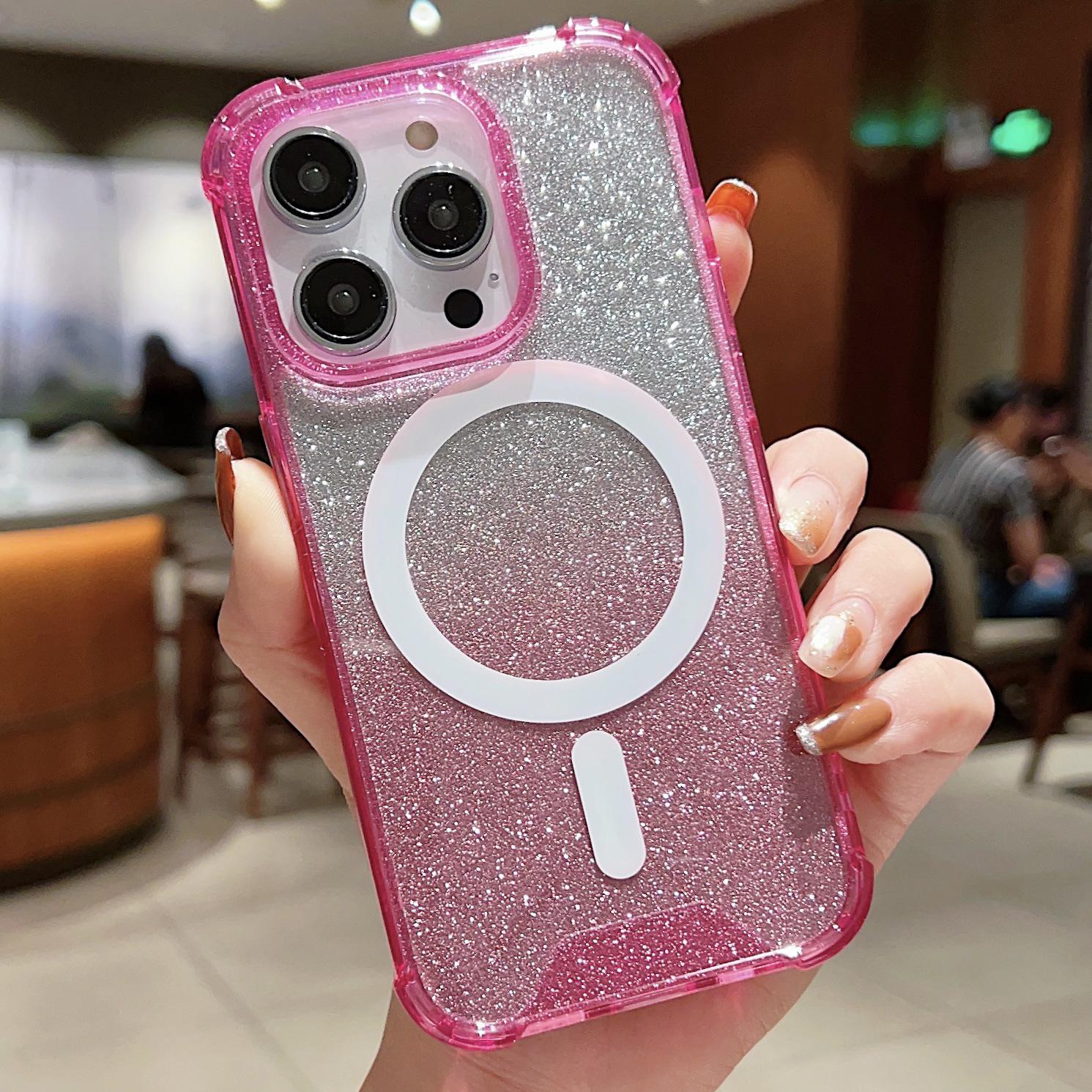Anti-Drop Magnetic iPhone 16 Case with Large Hole Design, Compatible with iPhone 12-17, Gradient Glitter Finish iPhone 15