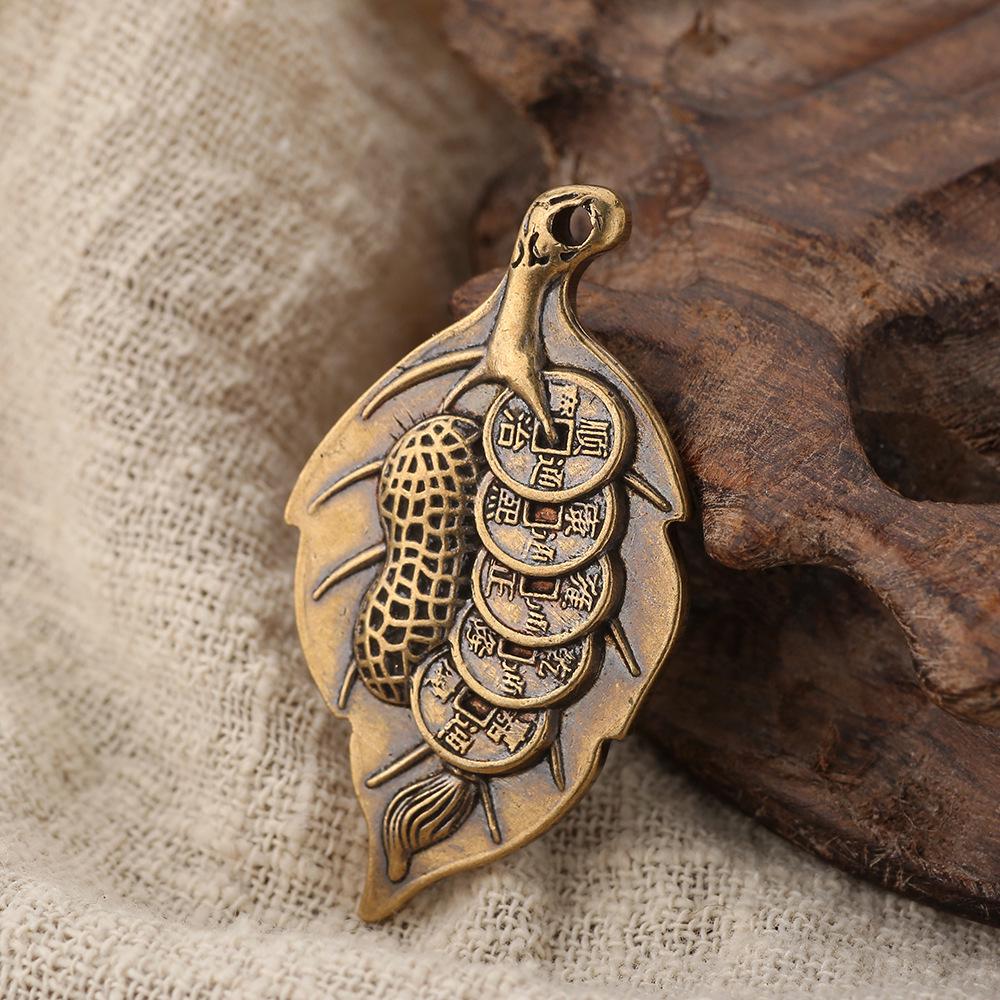 Five Emperors Coins Brass Keychain with Wealth Leaf and Luck-Turning Gourd Pendant