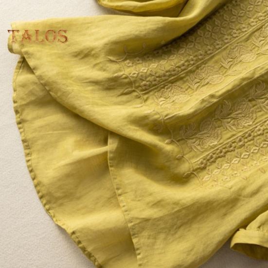 Dameskjorte med rund hals og halve ermer Broderi Blomstermønster Topper Ensfarget Tynn retro bluse Daglig slitasje