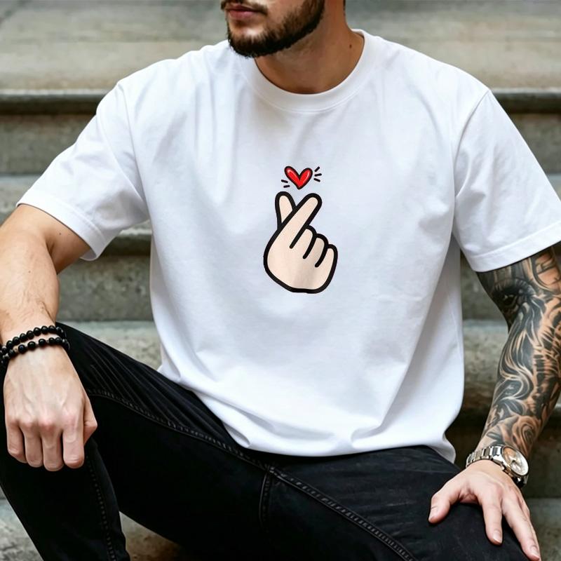 Unisex Cute Korean Finger Heart Red Heart Cartoon Graphic T Shirt Kpop Love Gesture Daily Streetwear Couple Top