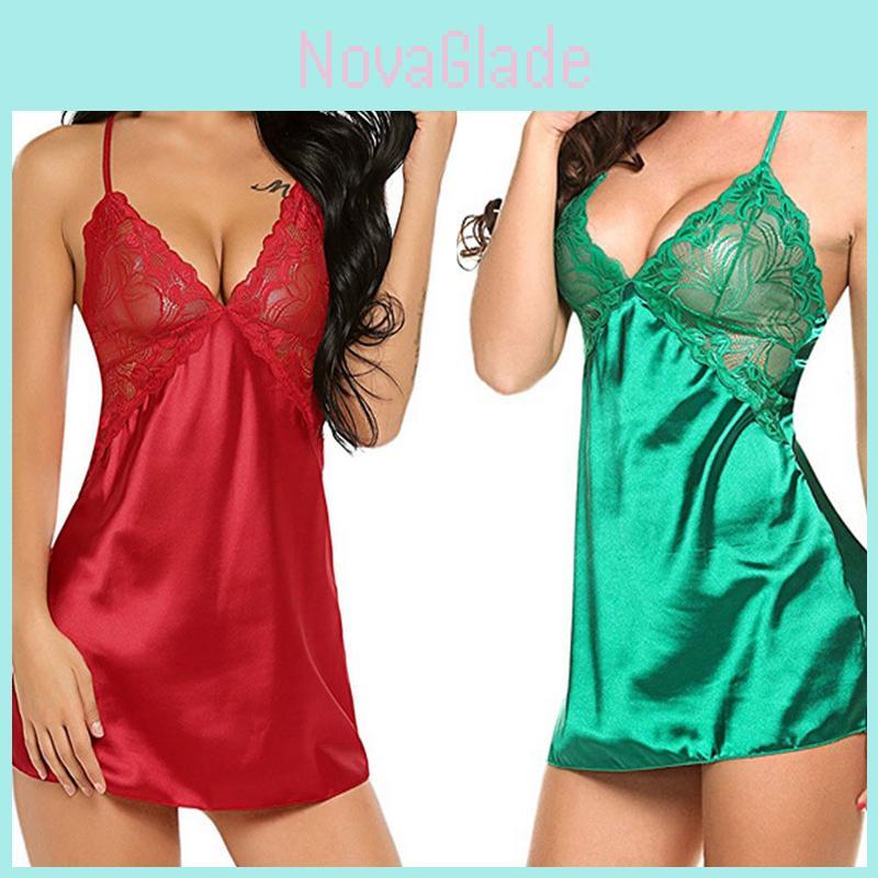 Sexy Women Lady Lace Sleepwear Satin Nightwear Lingerie Pajamas Suit Size Sxl