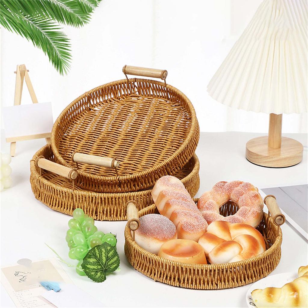 Handmade Wicker Storage Baskets Imitation Rattan Woven Baskets Compact Bread Fruit Organizer Home Organization Tray