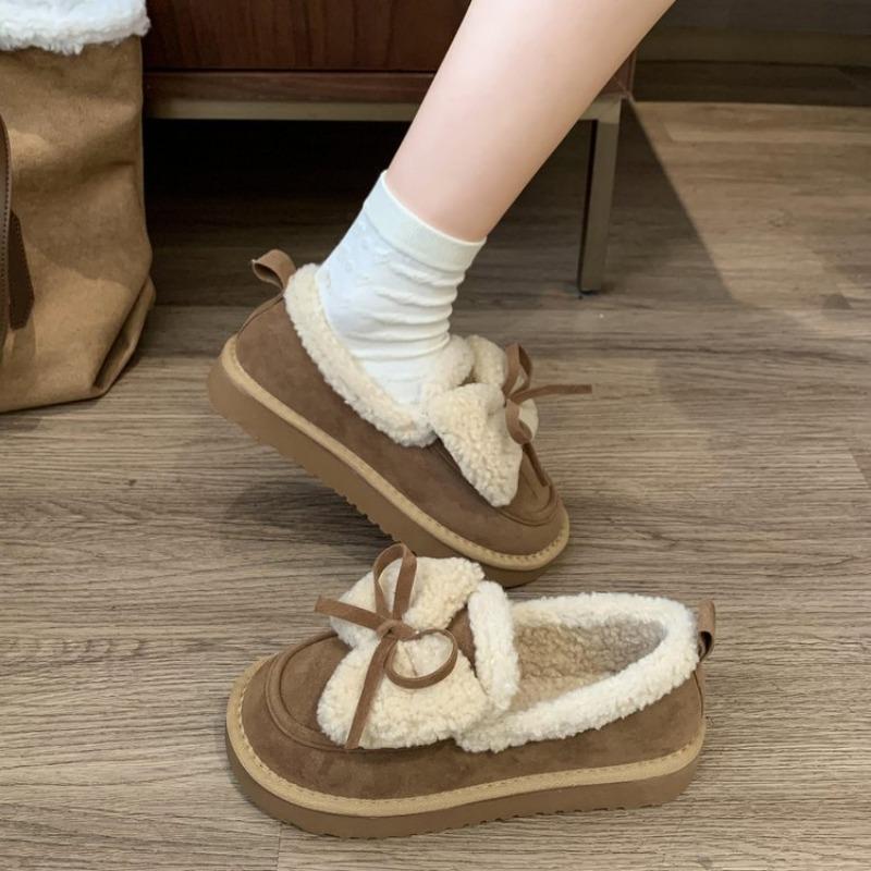 

Fashion Women s Flat Shoes Winter New Round Head Suede Deep Mouth Butterfly Knot Soft Sole Anti-slip Wear-resistant Low Top Shoes 35