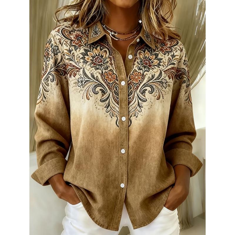 New khaki gradient retro floral print men's long sleeve shirt Bohemian casual pattern shirt clothing jacket