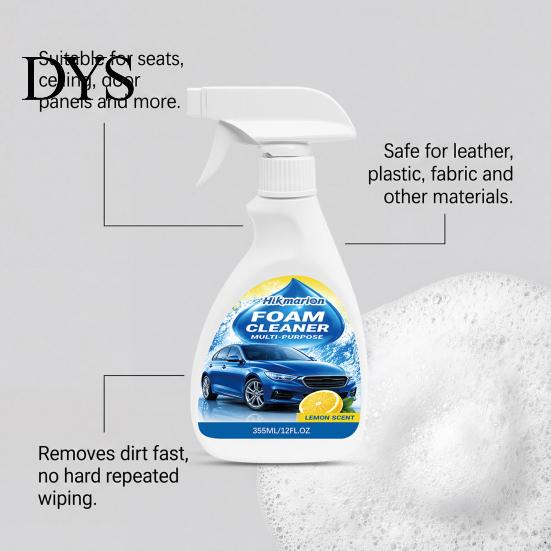 Upholstery Cleaner Foam 355ML Car Interior Foam, with Sponge & Microfiber Towel, Deep Cleaning Faux Leather Surface Auto Detailing Spray, Lemon Scent