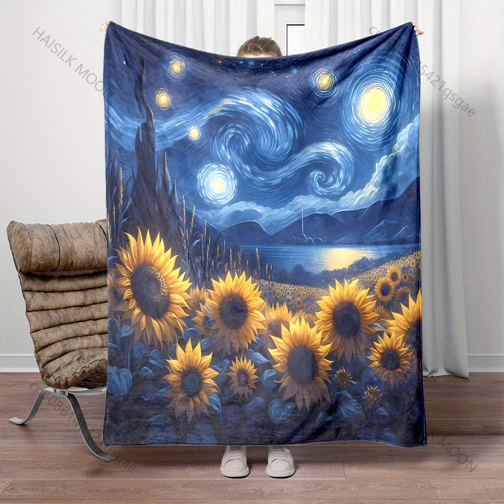 Oil Painting Sunflower Starry Sky Blanket Warm Soft Fluffy Kids Adult Luxury Gifts for Sofa Bed Home Outdoor Travel Camping