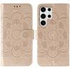 For Samsung Galaxy S24 Ultra Case Rhinestone Decor PU Leather Mandala Imprinted Design Phone Cover with Wrist Strap