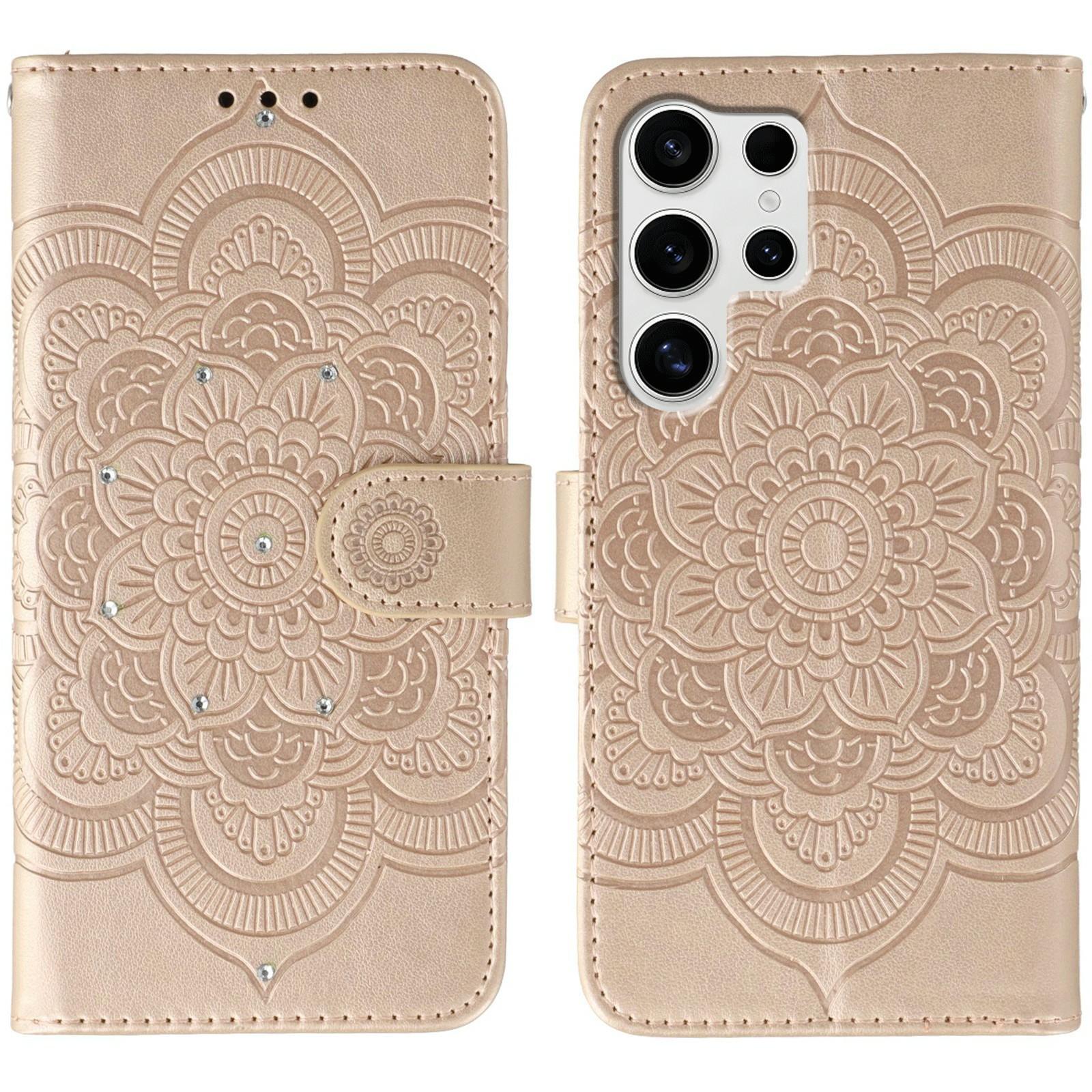 

For Samsung Galaxy S24 Ultra Case Rhinestone Decor PU Leather Mandala Imprinted Design Phone Cover with Wrist Strap Rose Gold