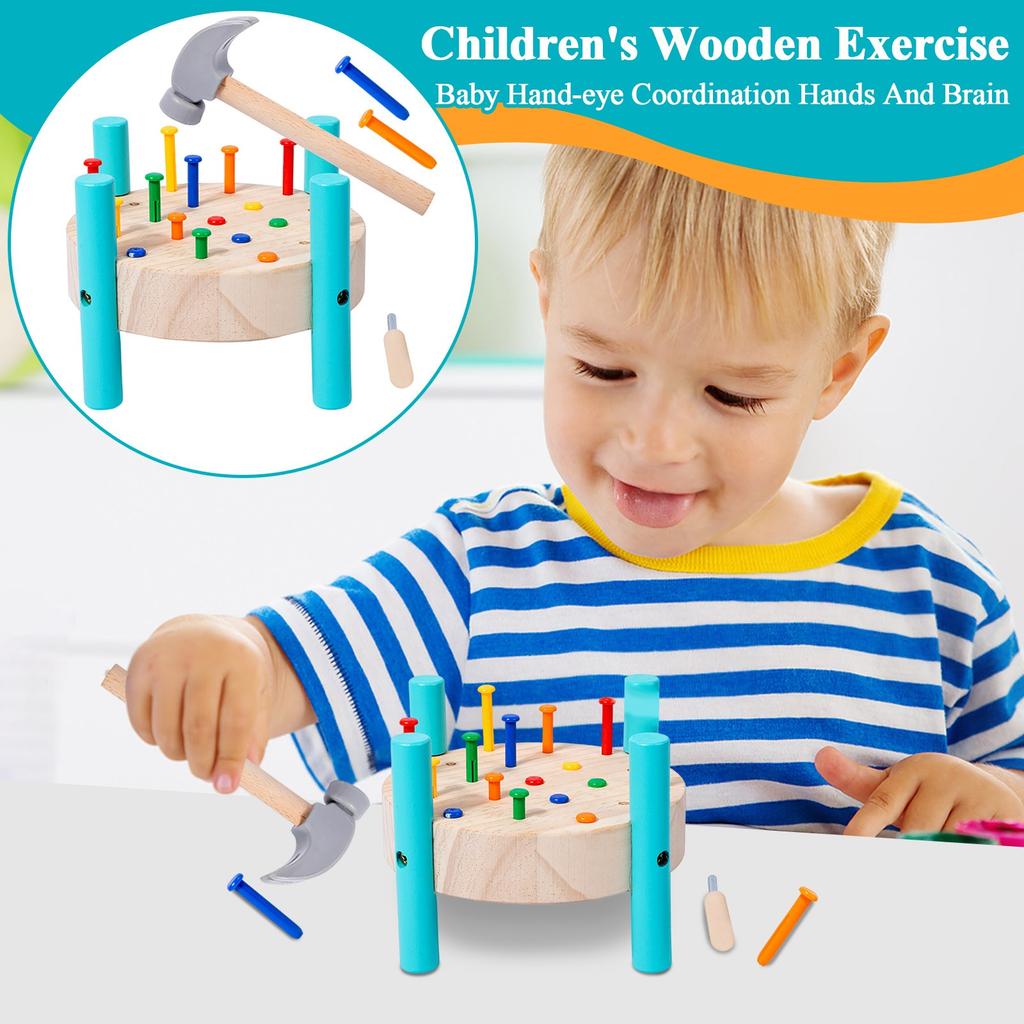 Children's Wooden Exercise Baby Hand-eye Coordination Hands And Brain Kindergarten Early Education Round Nail Hammering Table Educational Toy