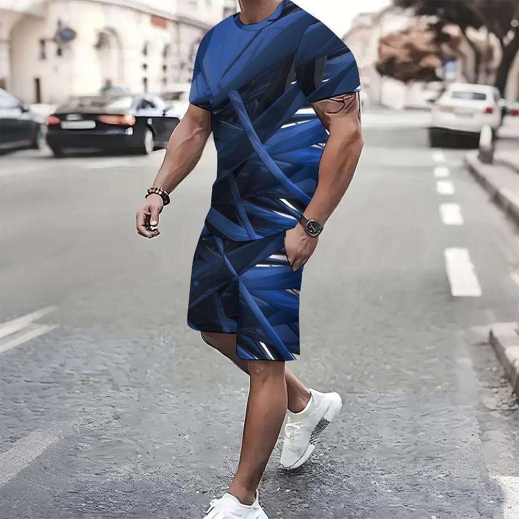 Men Blue Grey Speckled Gradient Short Sleeve Tee And Matching Knee Shorts Two Piece Outfit