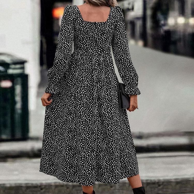 Sommer Damen Freizeit Baumwolle A-Linien Kleid Schmetterlingsärmel Mid-Calf Länge Umlegekragen Druckkleid