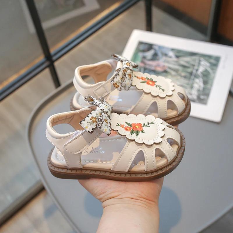 Beige Girls Sandals Embroidered Bow Non-slip Bun Head, Summer Outdoor PU Girls Fashion Sandals, Size 21-30 Sandalias De Mujer