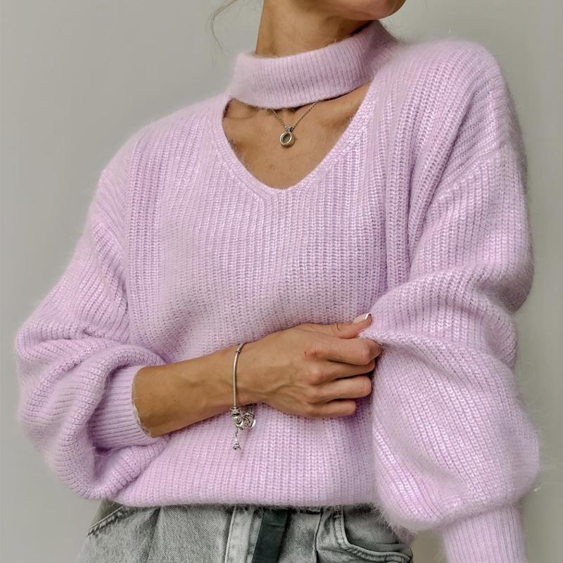 Hirsionsan мягкий теплый свитер с v-образным вырезом женский элегантный вязаный женский пуловер ярких цветов свободный кашемировый базовый трикотаж джемпер one size фиолетовый 2349₽