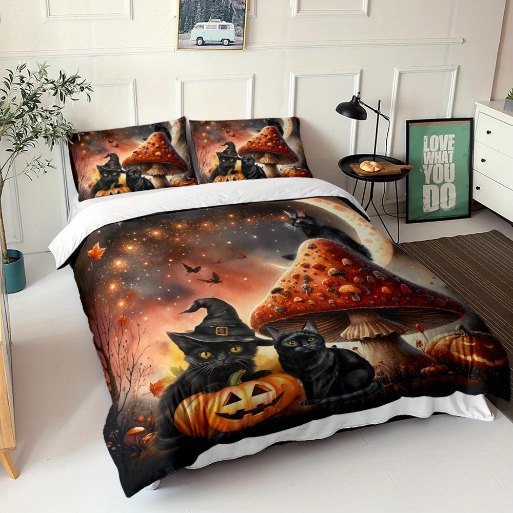 Halloween Bedding Set Black Cat Pumpkin 3D Printed Cozy Duvet Cover Set King Queen Twin Single Size Birthday Gift Bedroom Decor