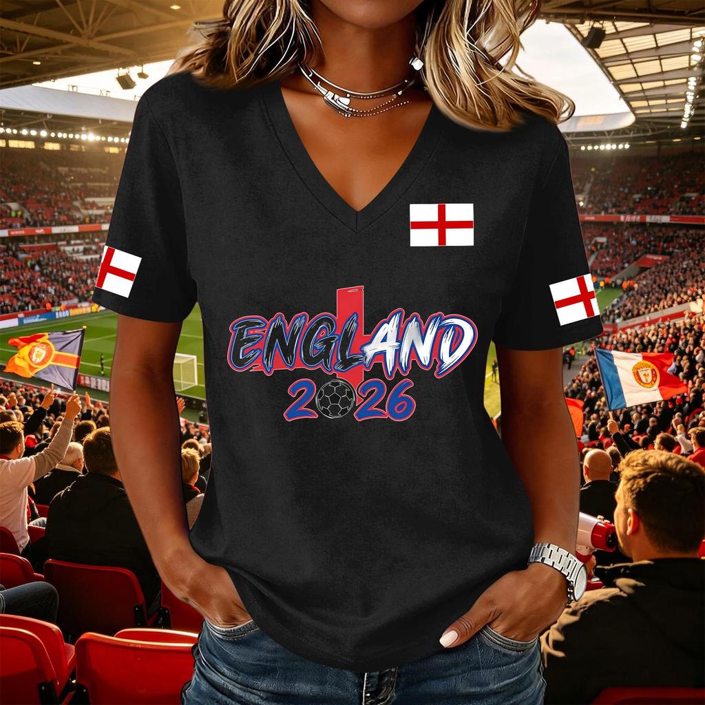 Damen Lässiger Pullover mit V-Ausschnitt und kurzen Ärmeln Fußball-Fan-T-Shirt mit England-Flaggen-Aufdruck Leicht Bequem