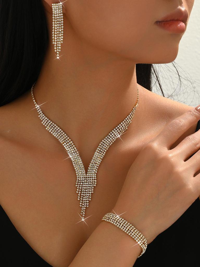 Pinduoduo Water Drop Tassel Jewelry Set: Necklace, Earrings, Bracelet - Elegant Light Luxury for Women