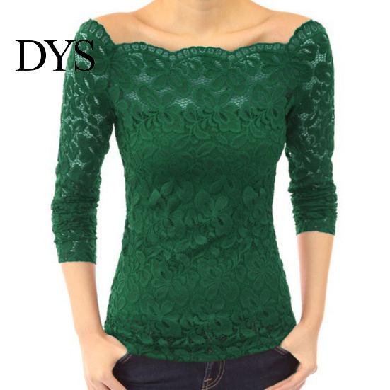 Off-shoulder spetsblus Damtoppar Asymmetrisk krage Långärmad skjorta Genombruten Enlinje Sömmad Enfärgad Smal passform Broderi Blommig topp