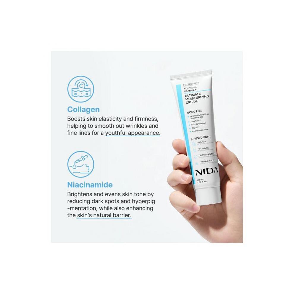 NIDA Youthful Formula Ultimate Moisturizing Cream (100mL) / Collagen, Niacinamide, Centella Asiatica, Hyaluronic Acid / Wrinkles, Dark Spots, Skincare