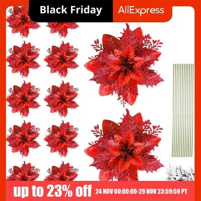 12Pcs With Clips Artificial Christmas Flowers Multi-color Multi-functional Glitter Xmas Tree Ornaments with Stems High-quality