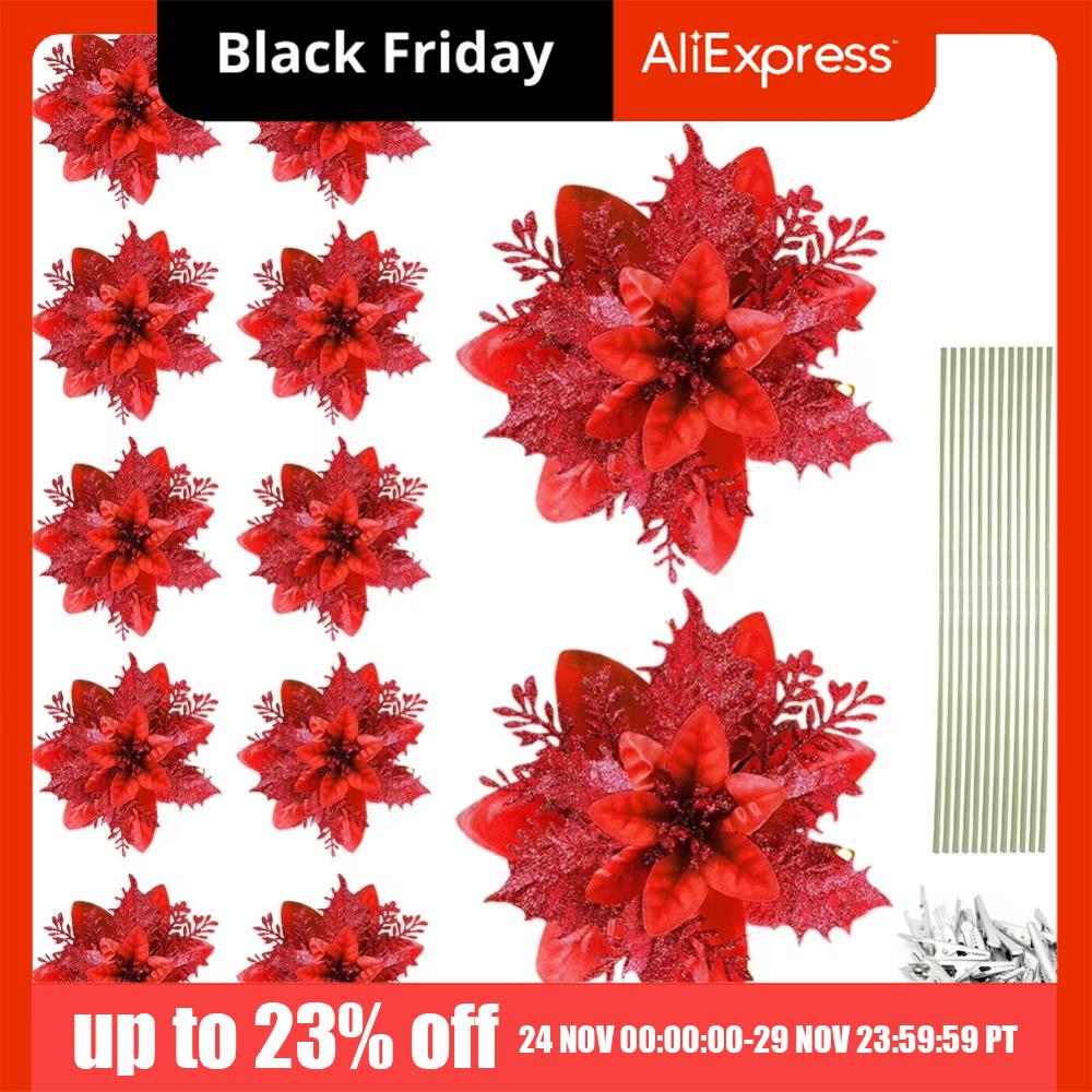 12 Stuks Met Clips Kunstmatige Kerstbloemen Meerkleurig Multifunctioneel Glitter Kerstboomversieringen met Stelen Hoge kwaliteit