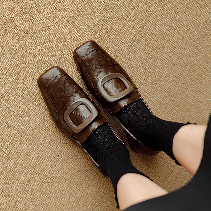 Square Head Versatile Light Mouth Single Shoes Women's Spring and Autumn New Thick Heel Leather Fashion Commuter Small Leather Shoes Women