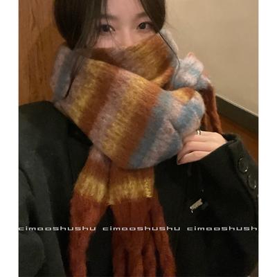 Striped Retro Thick Scarf for Girls In Winter New Korean Style Warm Scarf Versatile Shawl To Protect Against Cold and High End