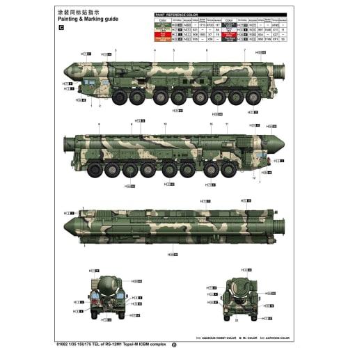 Trumpeter 1/35 scale Russian RS-12M Intercontinental Ballistic Missile Topol M plastic model kit, model number 01082, molded in color