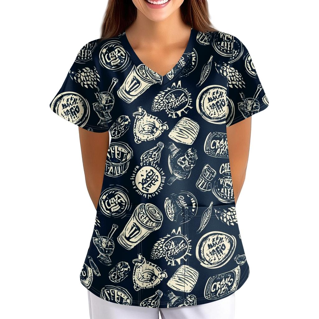 Women's Oktoberfest Print V-Neck Short Sleeve Scrub Top with Pockets, Loose Fit