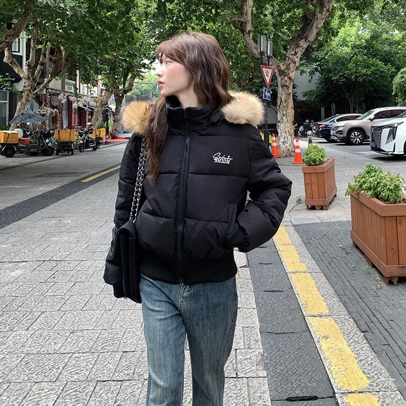 Big fur collar hooded short down cotton-padded jacket for women's winter small people to keep warm, waist and thin cotton-padded jacket