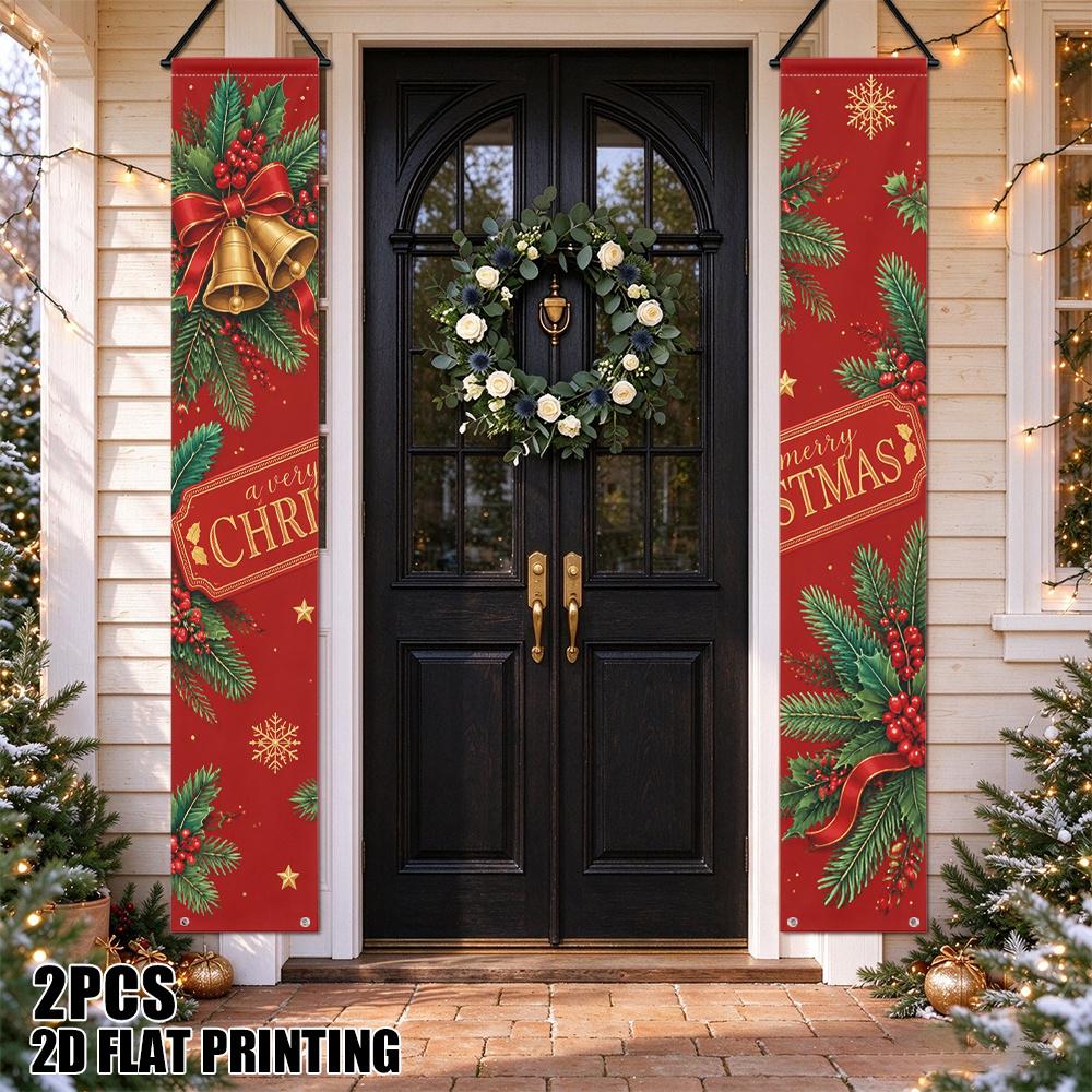 2D Flat, 2D Flat Printing 2pcs Christmas Bells Holly Pinecones Party Banners, Christmas Decorations, Christmas Doorway Couplets, 2D Flat
