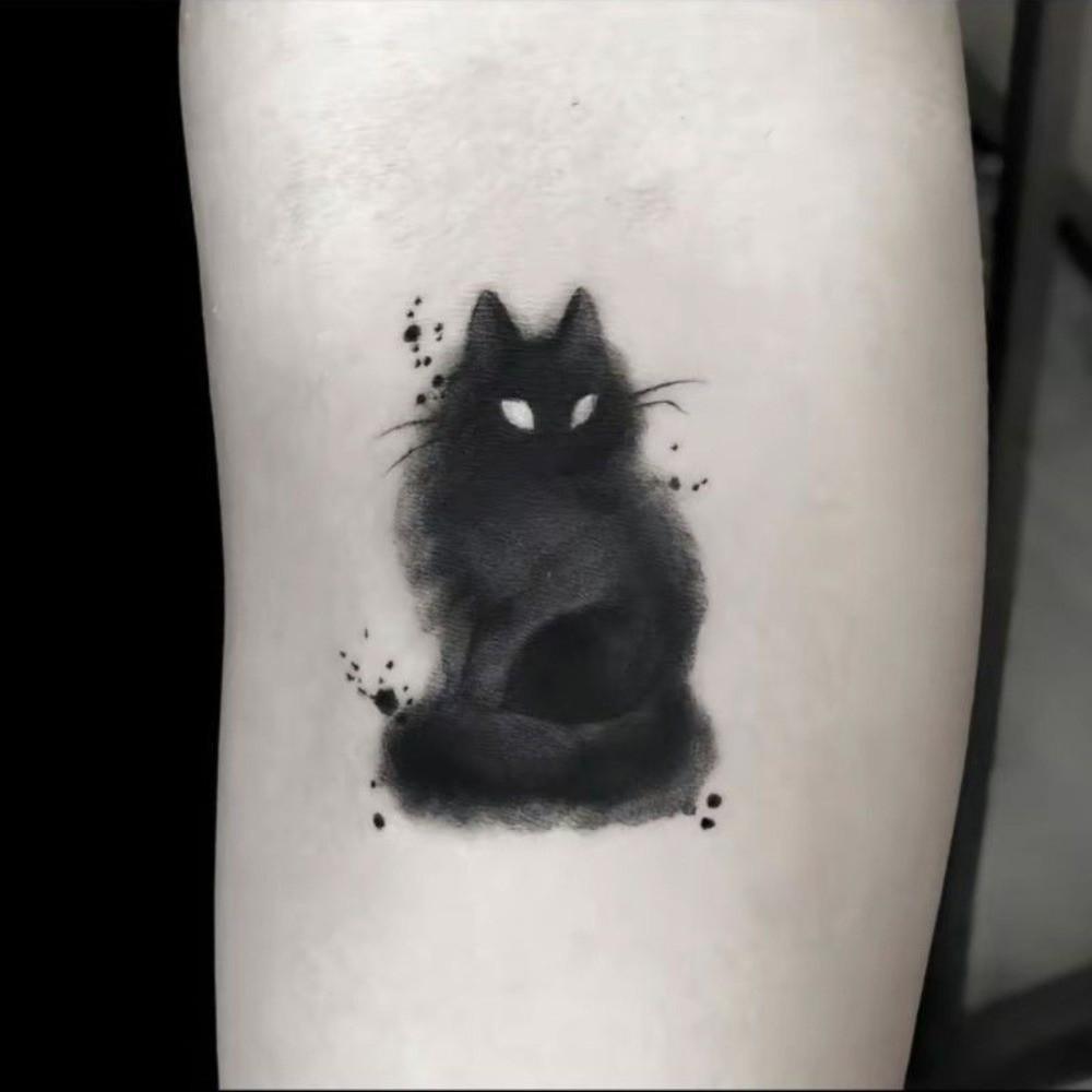 Estilo Pintura Lavado Gato Negro Pegatinas de Tatuaje Calcomanías de Transferencia al Agua Gato Impermeable Tatuaje Temporal Instantáneo Desechable