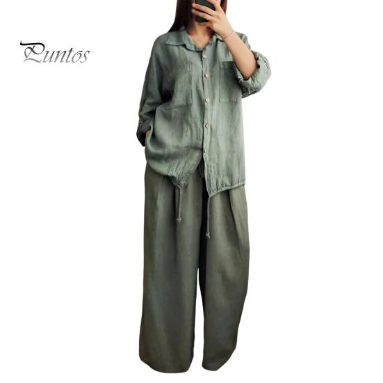 

2 шт./компл., женская рубашка и брюки, комплект с длинными рукавами и воротником с лацканами, карманы, однобортная блузка с завязками на подоле, высокая талия, свободные широкие брюки, повседневный комплект XXXL армия зеленый