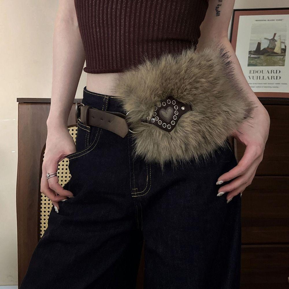 Retro Leather Fur Belt Punk Y2K Plush Waist Belt Personality Furry Waistband  Daily