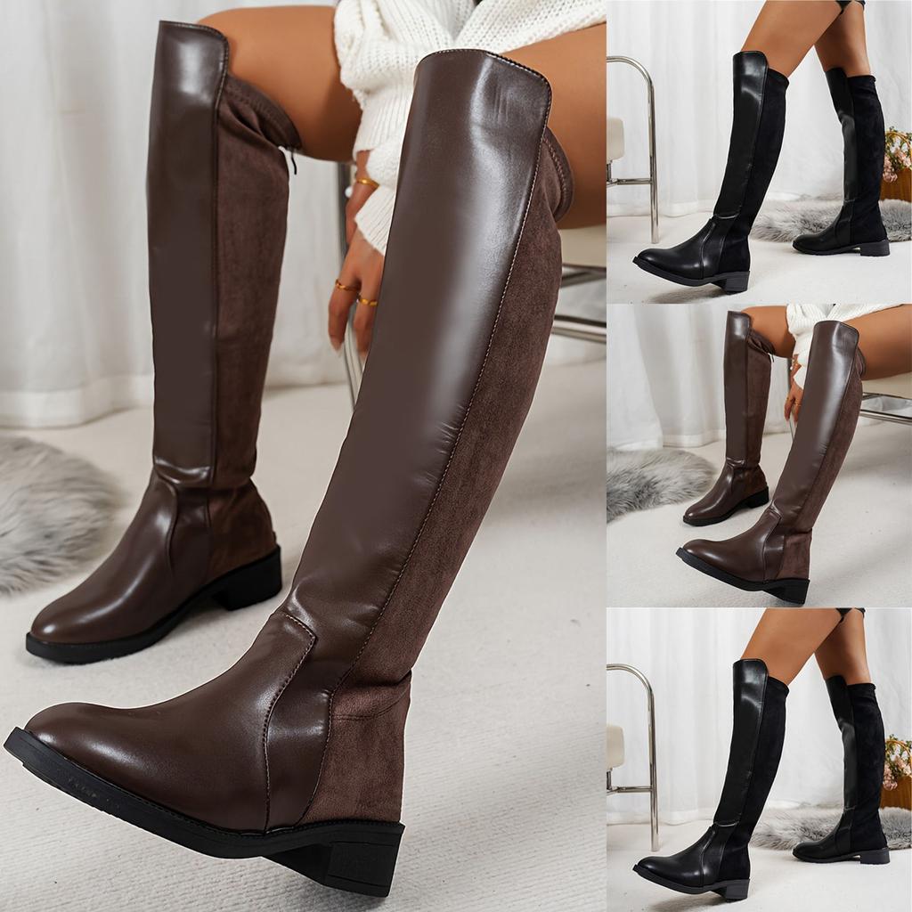 Leather Women's Knee High Boots With Thick Soles Round Toes Back Zipper Chunky Heel And Wide Calf Knee High Boots for Women Tan