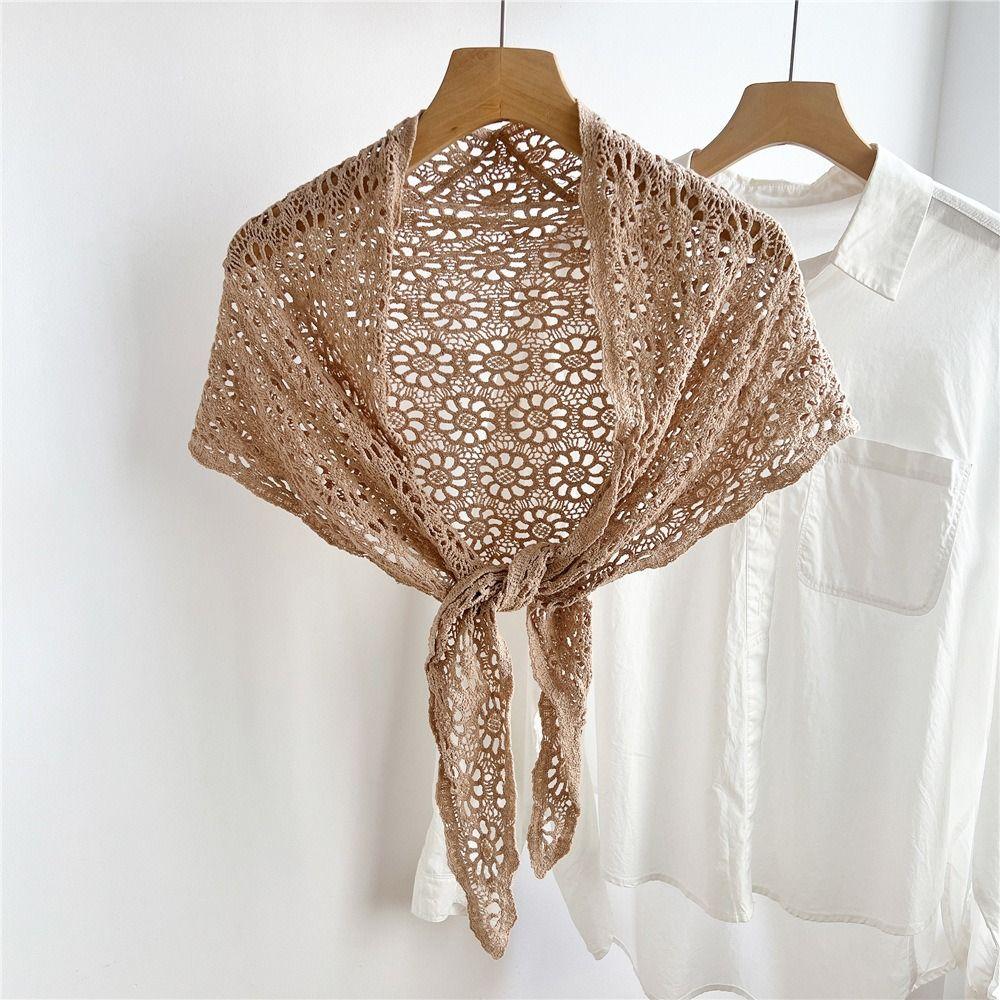 White Knitted Triangle Scarf Ethnic Style Crochet Flower Scarves Hollow Out Lace Shawl  Summer