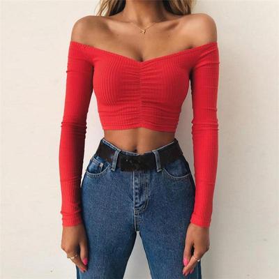 Europäisches 2024 Winter Damen Off-Shoulder Langarm Cropped Slim Fit T-Shirt