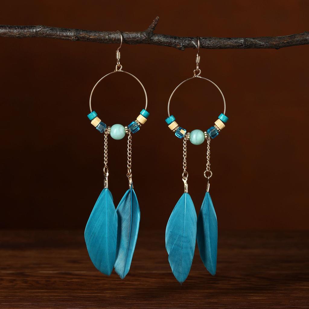 Hot selling ethnic style retro feather earrings, long multi colored vacation feather earrings, bead string design, circular earrings