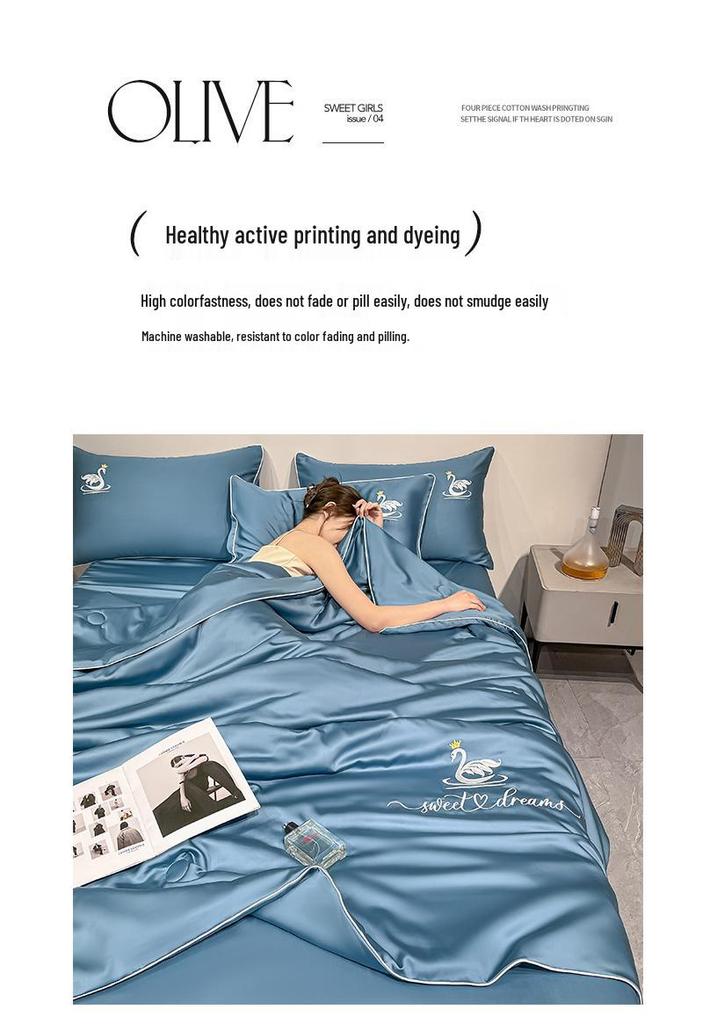 Embroidery Ice Silk Summer Quilt Set, Machine Washable, Luxury Bedding, Solid Color, Home Gift