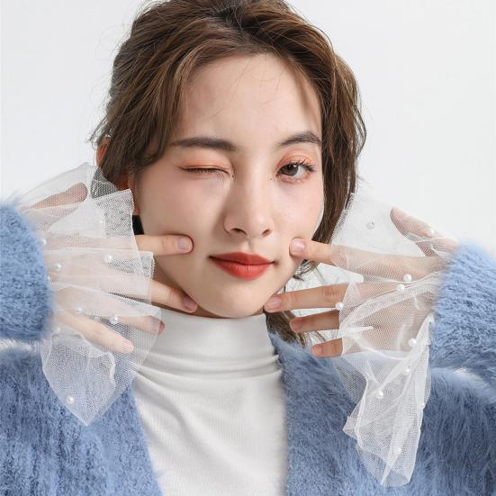 1 Fake Pair Cuff Yousheng Faux Pearl Decoration Detachable Charming Decorative Chiffon Women Girls Fake Sleeves Sweater Accessories