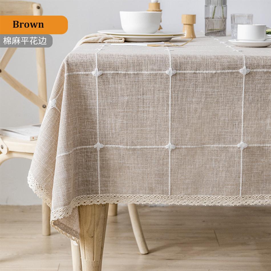 Grey Large Square Embroidery Tassel Tablecloth,Cotton Linen Dust-Proof Checkered Table Cover,For Kitchen Dinning Tabletop Decor